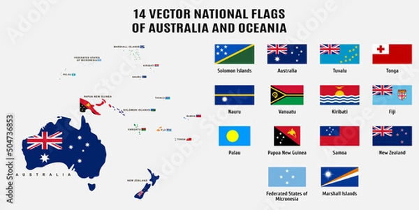 Obraz 14 Vector national flags and map of Australia and Oceania