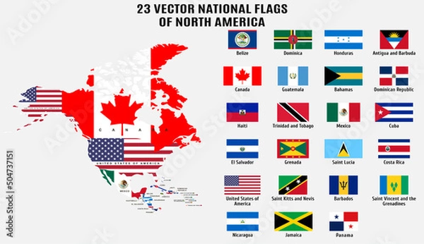 Obraz 23 Vector national flags and map of North America