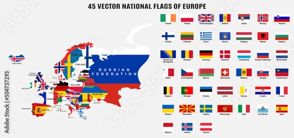 Obraz 45 Vector national flags and map of Europe
