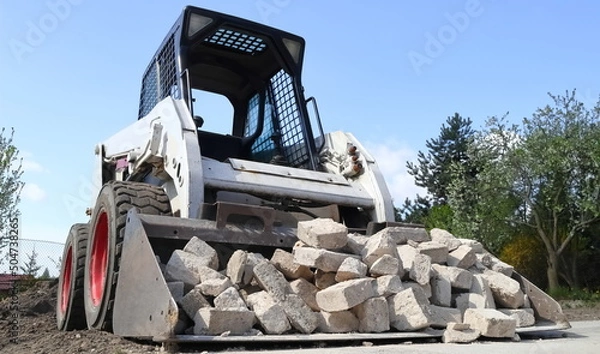 Fototapeta Skid steer loader for construction site with loading bucket filled with bricks.