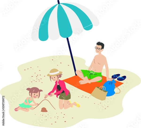 Obraz 浜辺でパラソルの元で遊ぶ家族