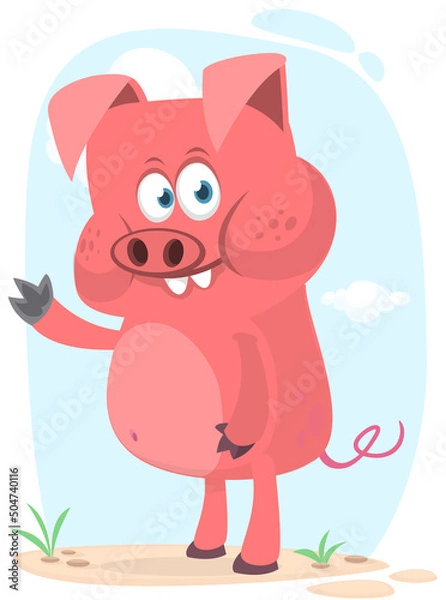 Fototapeta Happy cartoon pig presenting. Farm animals. Illustration of a smiling piggy isolated on white