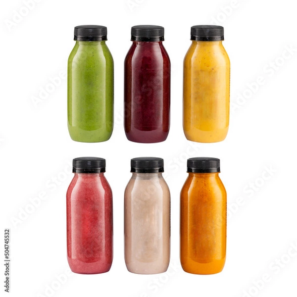 Fototapeta colorful smoothies in bottles with fresh tropical fruit , berries and superfoods isolated on white