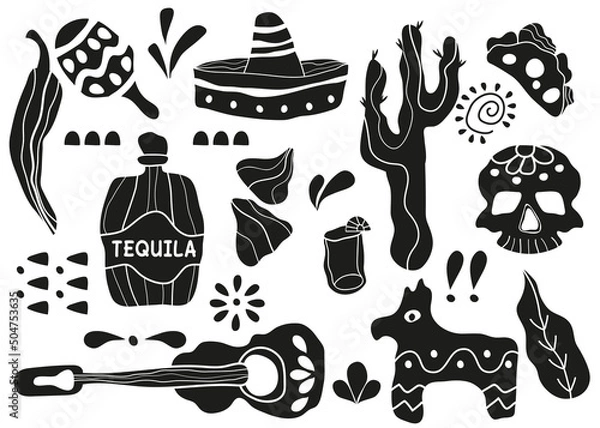 Fototapeta Mexican set. Vector Dia de Los Muertos. A set for celebrating the Day of the dead. Decorated skulls, flowers, skeleton, cactus, sombrero, tequila, guitar. The background of the vector illustration. 