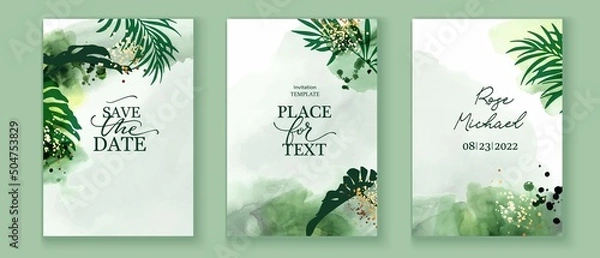 Fototapeta Set of elegant cards in green ,white,  golden colors. Watercolor spots, palm leaves, gold lines, splatters. Wedding invitation, cover, packaging, place for text, frame design.