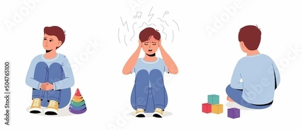 Obraz Autism, child stress, mental health. Set of unhappy sad teen boy sitting on floor, feeling depressed and lonely. Vector illustration collection isolated. 