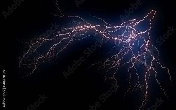 Fototapeta Massive lightning bolt with branches isolated on black background. Branched lightning bolt. Electric bolt.