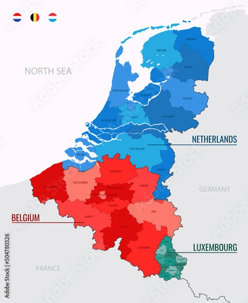 Obraz Benelux countries map on europe map, color vector illustration isolated on white background with flags and icons
