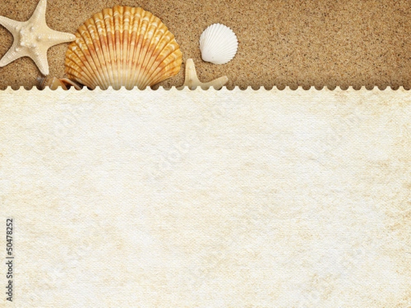 Fototapeta Summer background - blank paper sheet on sand