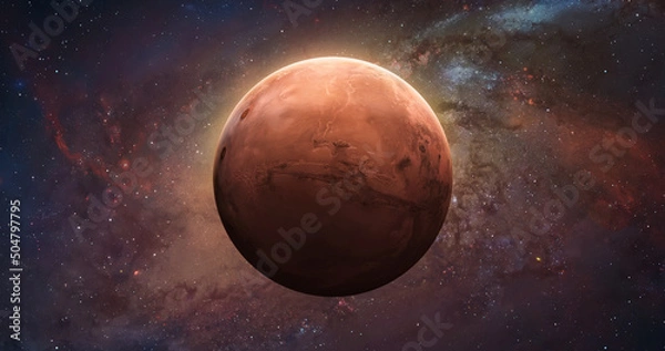 Fototapeta Mars planet sphere. Exploration and expedition on red planet. Red planet in space. Solar system. Elements of this image furnished by NASA
