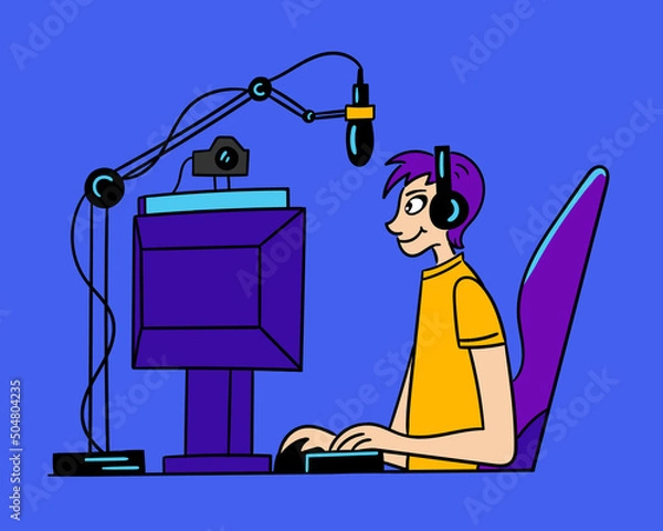 Fototapeta Game streamer sits at the computer and shoots video on the camera