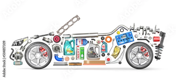 Fototapeta Autoparts in form of car isolation on a white background. 3d illustration