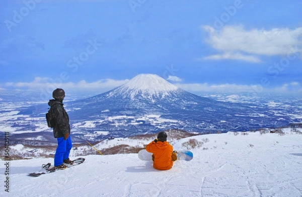 Obraz 春スキーのニセコスキー場、羊蹄山を眺める滑走前のスノーボーダー達
