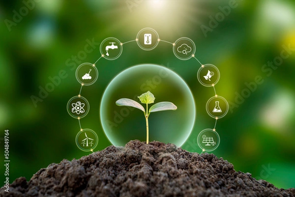 Fototapeta Tree growing on soil with plant growth factor icon eco concept earth day card protect the environment