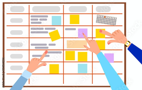 Fototapeta A board of planning, diagrams and tasks with stickers. A team of people plans tasks on the board. Vector illustration in a flat style.