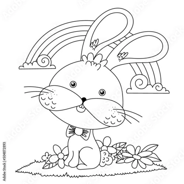 Fototapeta Cute little rabbit. Summer coloring book for kids. Vector black and white illustration in cartoon style. Contour on a white background. Hand drawing.