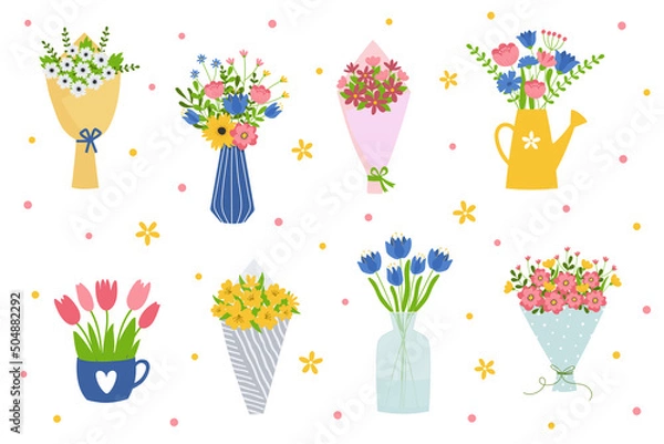 Obraz Set of flower bouquets. Bunch of plants in vases, cup and watering can collection. Design element for greeting card, invitation, stickers, postcard, poster, print.