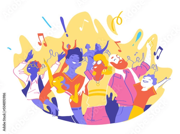 Fototapeta Group of happy people is celebrating together a special event. Happy family enjoy concert, music festival, party, show, performance, recital. Vector illustration