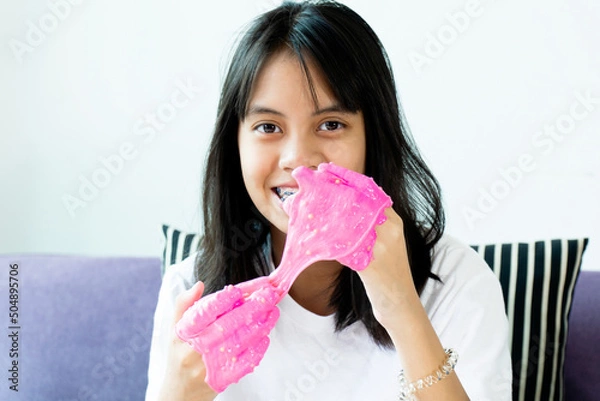 Fototapeta Homemade Toy Called Slime, Kids having fun and being creative by science experiment