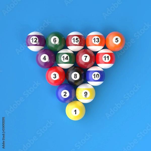 Fototapeta A group of colorful glossy billiard balls with numbers on a blue billiard table. Pool ball set. 3d rendering 3d illustration