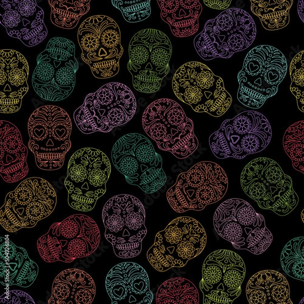 Obraz Day of the Dead  skulls pattern. Dia de los muertos print. Day of the dead and  mexican Halloween texture. Mexican tradition  festival. Day of the dead sugar skull isolated. Dia de los Muertos tattoo 