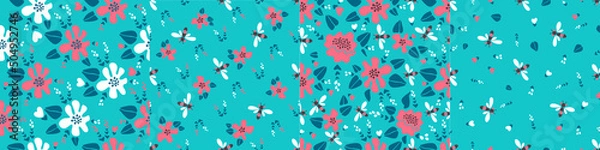 Fototapeta Modern vector floral set of four patterns. Large flowers and small flowers in caral-white tones, dragonflies, bees on a turquoise background. Seamless pattern in minimalist style for paper, textile