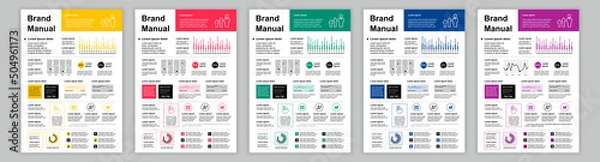 Fototapeta DIN A3 business brand manual templates set. Company identity brochure page with data. Banner for professional development, management, leadership. Vector layout design for poster, cover, brochure