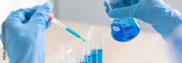 Fototapeta Scientists are carrying blue chemical test tubes to prepare for the determination of chemical composition and biological mass in a scientific laboratory, Scientists and research in the lab Concept.