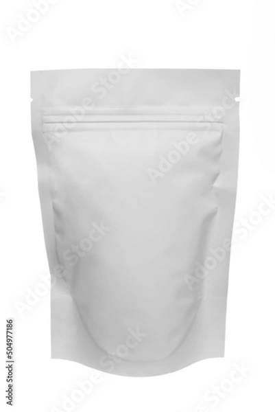 Fototapeta Blank foil plastic paper coffee bag in white color. Place for your text and logo. Copy space. White background. Isolated. Tea packaging. Clipping path. Mock up.