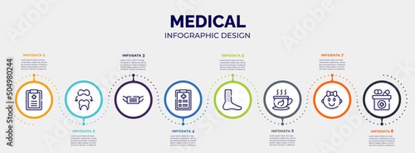 Obraz infographic for medical concept. vector infographic template with icons and 8 option or steps. included medical prescription, dental crown, medical mask, examination, urticaria, herbal tea, baby