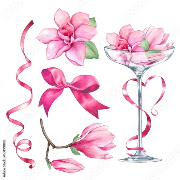 Obraz Wedding set with magnolias. Isolated on white