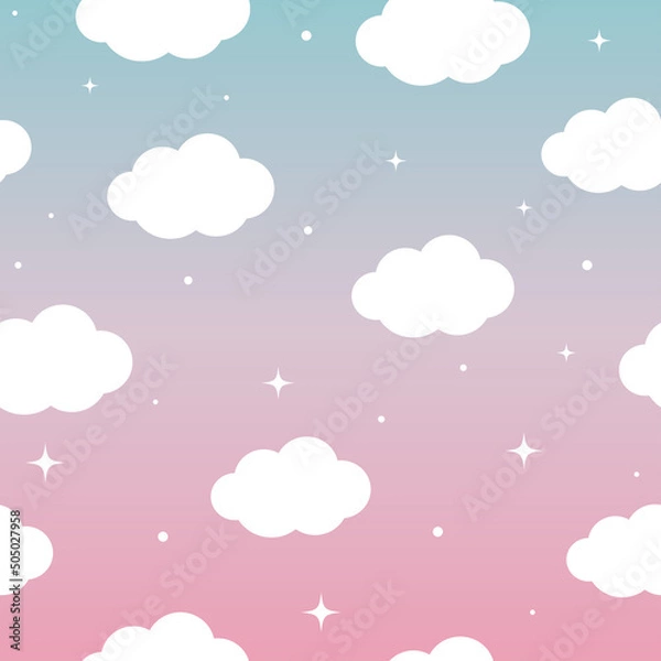 Fototapeta Seamless pattern with clouds and sparkles. Blue and pink gradient background. Vector seamless background for kids and babies. Vector illustration.