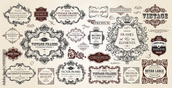 Fototapeta Vintage frames collection. Luxury classic vignettes, borders, labels and monograms isolated on a white background. Decorative calligraphic elements for certificates, posters and cards in retro style.