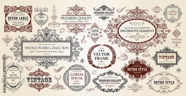 Fototapeta Vintage frames collection. Luxury classic vignettes, borders, labels and monograms isolated on a white background. Decorative calligraphic elements for certificates, posters and cards in retro style.