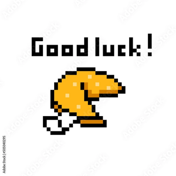 Fototapeta Fortune cookie with a good luck wish, pixel art food icon isolated on white background. Retro 80's, 90's 8 bit slot machine, video game graphics. Future prediction biscuit with a message on paper.