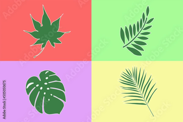 Obraz Various leafy graphics on four opposite colored backgrounds. as a vector for decoration or background