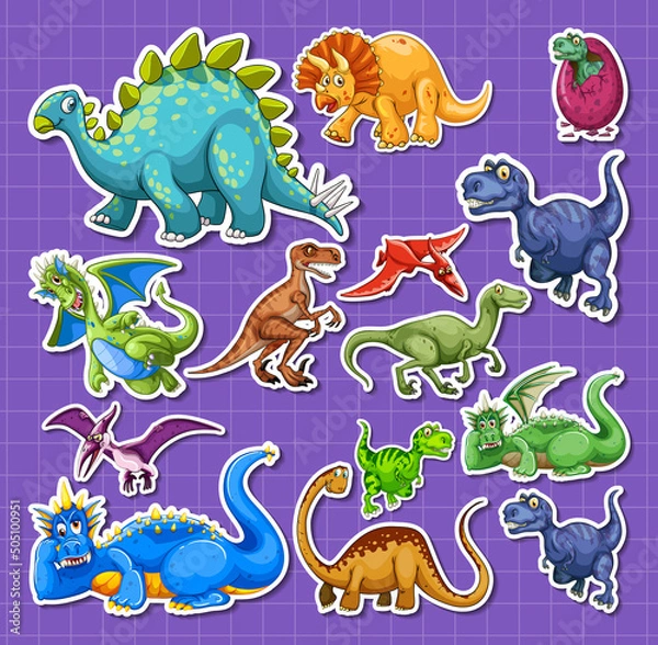 Fototapeta Sticker set of different dinosaur cartoon characters