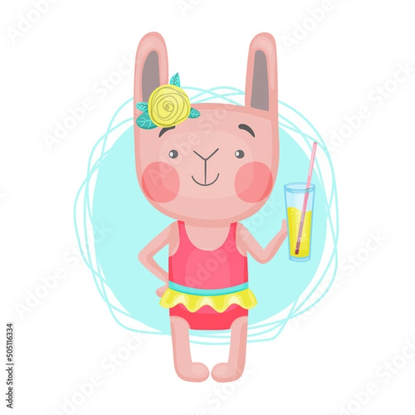Obraz Vector isolated image of a cartoon bunny on the beach in a pink swimsuit with a cocktail. Children's illustration in hand-drawn style.