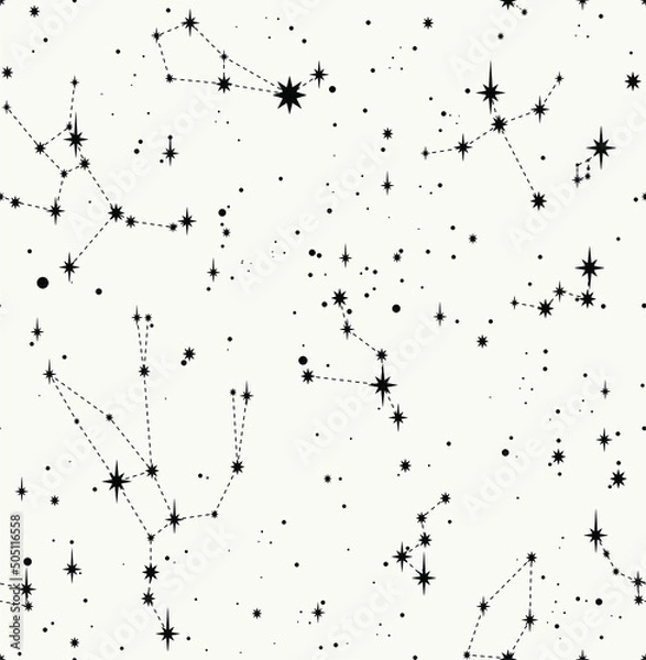 Fototapeta star constellation black white seamless line vector pattern