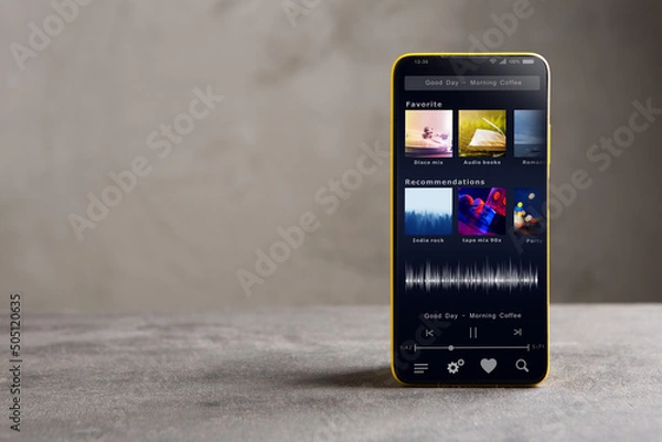 Fototapeta Streaming service. Listen music online concept online music player app on smartphone