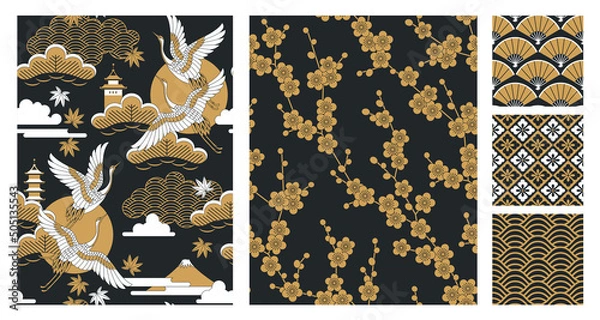 Obraz Japanese seamless patterns set with landscapes, oriental cherry flowers, cranes and pagodas. Vector illustration.
