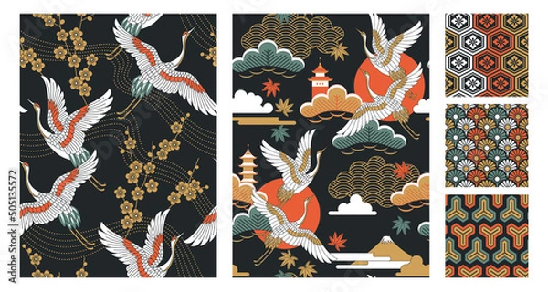 Obraz Japońskie bezszwowe wzory ustawione z krajobrazami, orientalnymi kwiatami wiśni, dźwigami i pagodami. Ilustracja wektorowa.