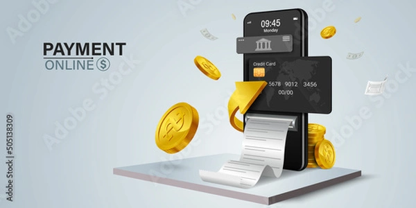 Obraz The credit card is on the smartphone and there are coins around it.Mobile payment concept without ATM or bank.
Cashback via mobile application or via credit card.
Paying bill using mobile phone bill.