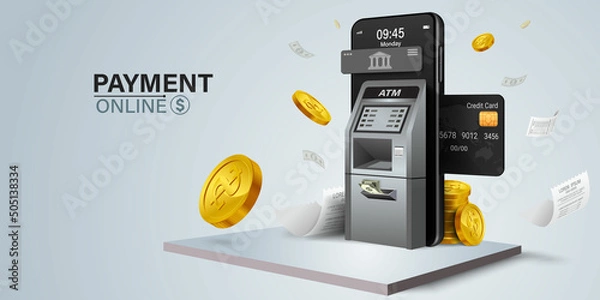 Fototapeta ATM in front of mobile phone and credit card inserted into mobile phone.Mobile finance application concept.
payment without atm and no bank required.
Banking app for shopping and bill payment.