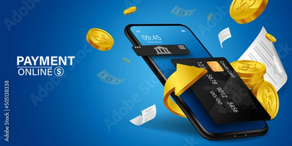Obraz credit card is on the smartphone and there are coins around it.Mobile payment concept without ATM or bank.
Cashback via mobile application or via credit card.
Paying bill using mobile phone bill.