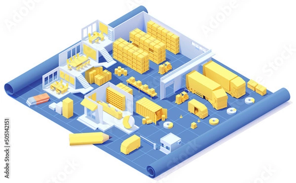 Fototapeta Vector isometric warehouse building on blueprint. Warehouse racking, forklifts with boxes, van and truck loaded with goods, offices, pallets with crates, container