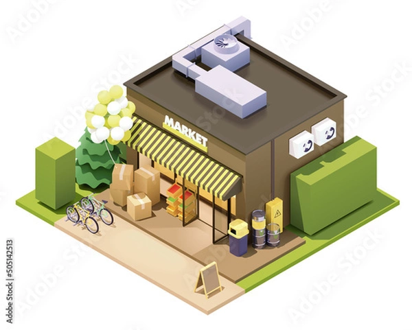 Fototapeta Vector isometric supermarket or grocery building. Shop building with awnings. Shop opening with balloons
