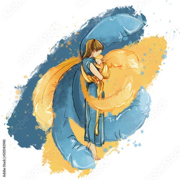 Obraz Mother and child with wings. yellow and blue. against the background of the Ukrainian flag. isolated