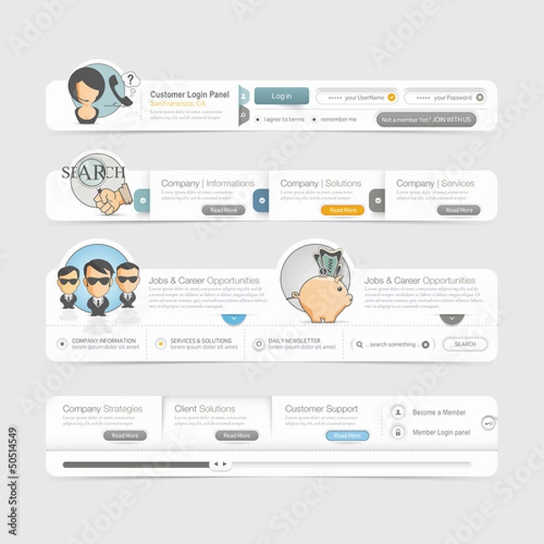 Obraz Website template design menu navigation elements with icons set.