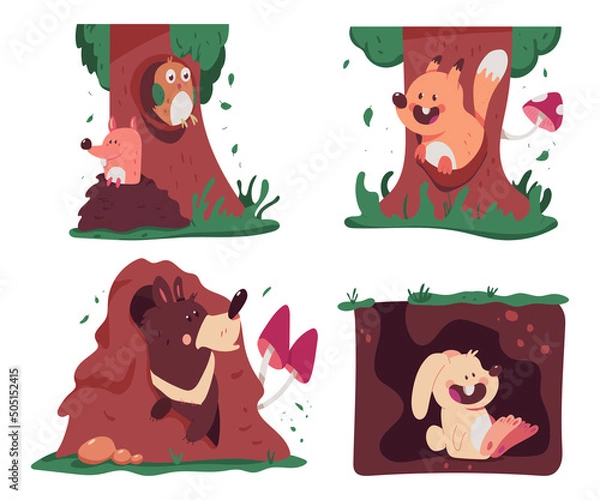 Obraz Animals in tree hollow and burrows vector cartoon illustration isolated on a white background.